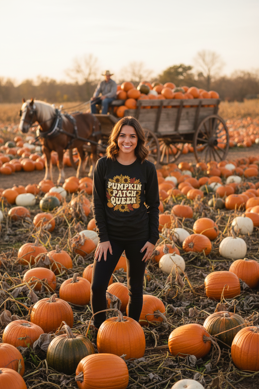 Pumpkin Patch Queen lifestyle - female model in pumpkin patch with horse-drawn wagon