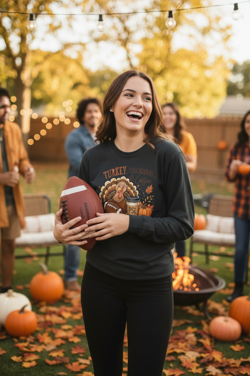 Female model wearing Turkey Touchdowns long-sleeve tee at a Thanksgiving tailgate with friends