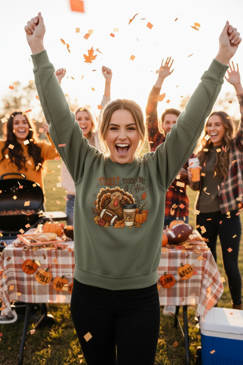 Female model wearing fatigue green Turkey Touchdowns fleece crew sweatshirt cheering at a Thanksgiving game day tailgate