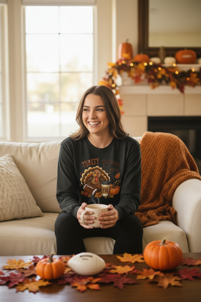 Female model wearing Turkey Touchdowns long-sleeve tee in a Thanksgiving game day setting